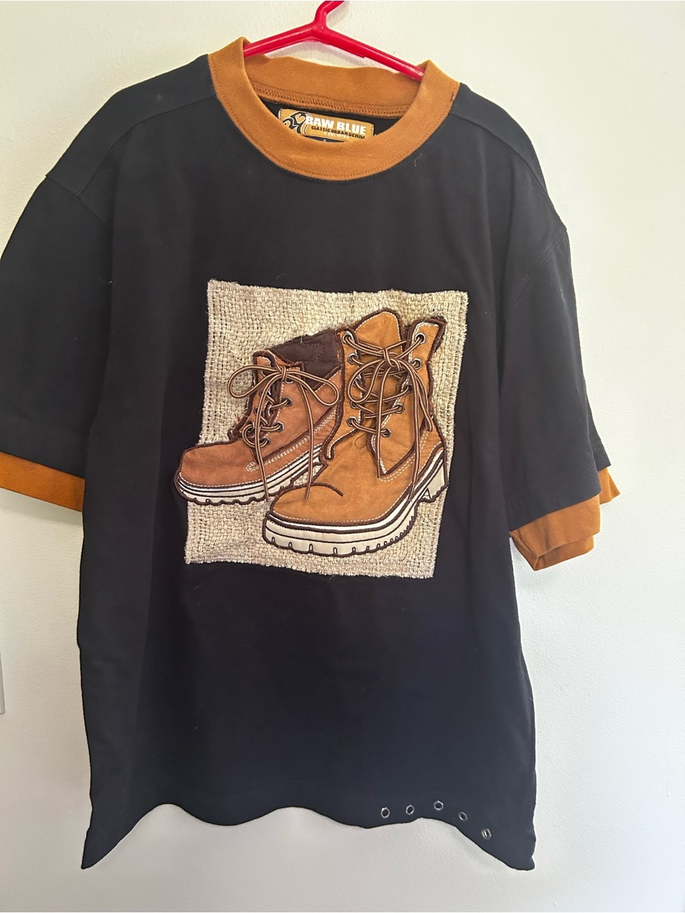 Raw Blue 3D Graphic Black Tee with Tan Boot Appliqué, Vintage Size Small